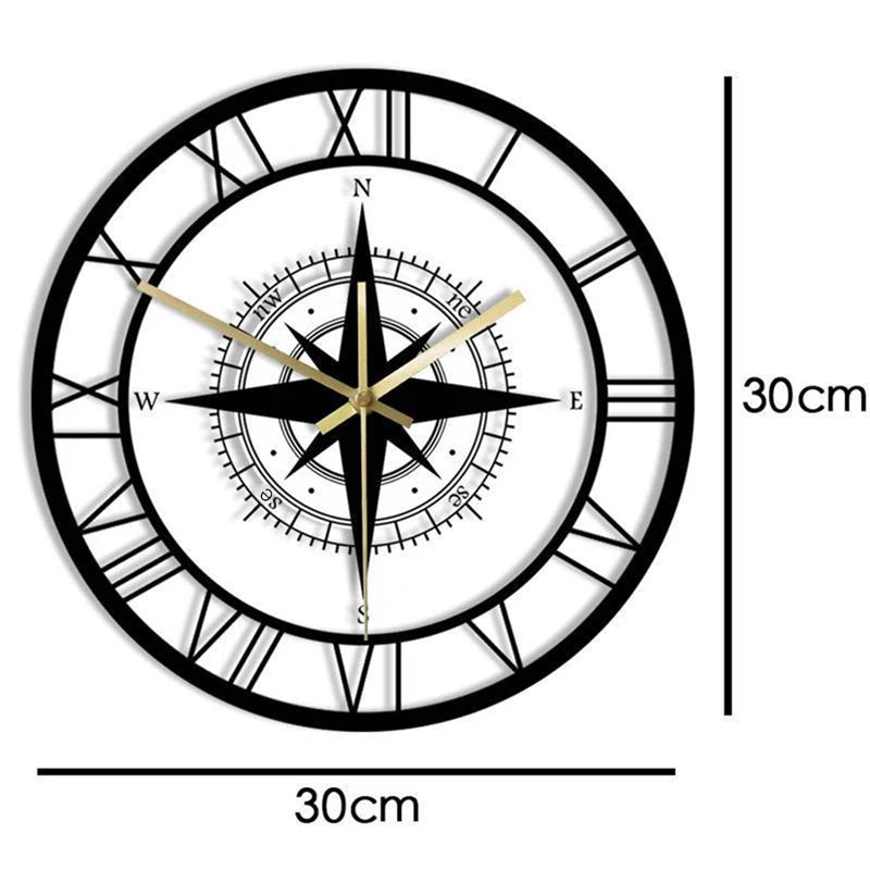 Large Compass Roman Numeral Analogue Wall Clock