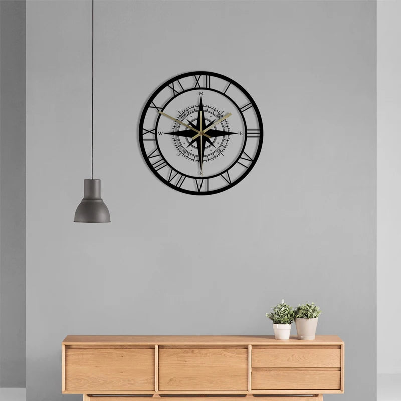 Large Compass Roman Numeral Analogue Wall Clock