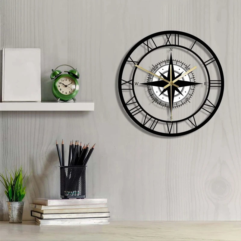 Large Compass Roman Numeral Analogue Wall Clock