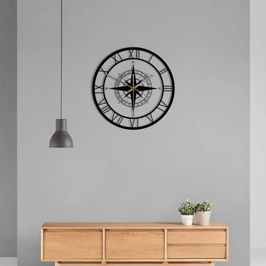 Large Compass Roman Numeral Analogue Wall Clock