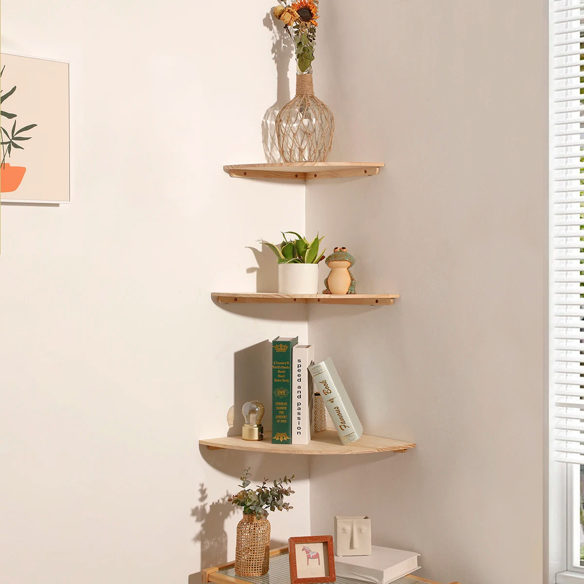 Washed wood curved corner shelves