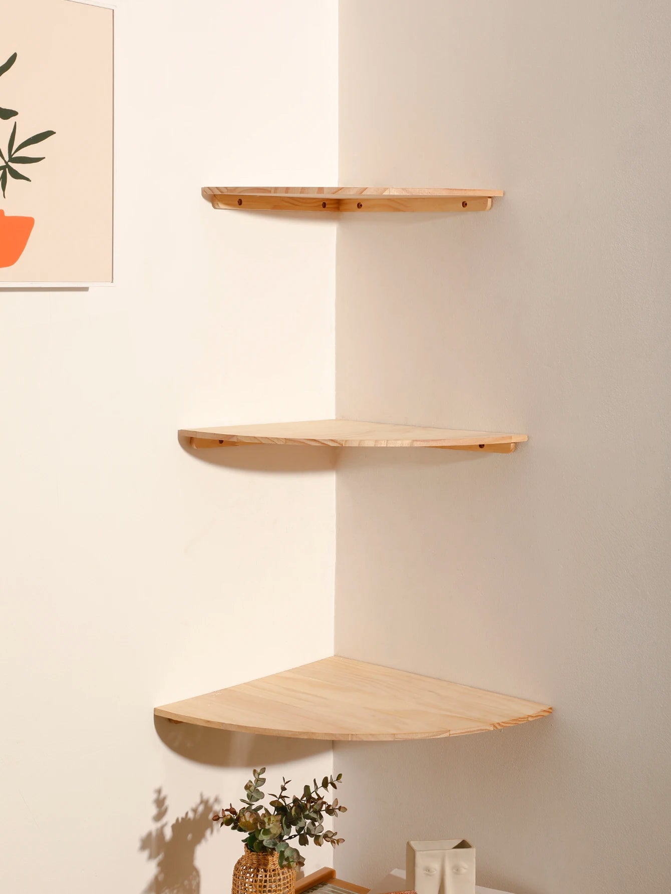 Washed wood curved corner shelves