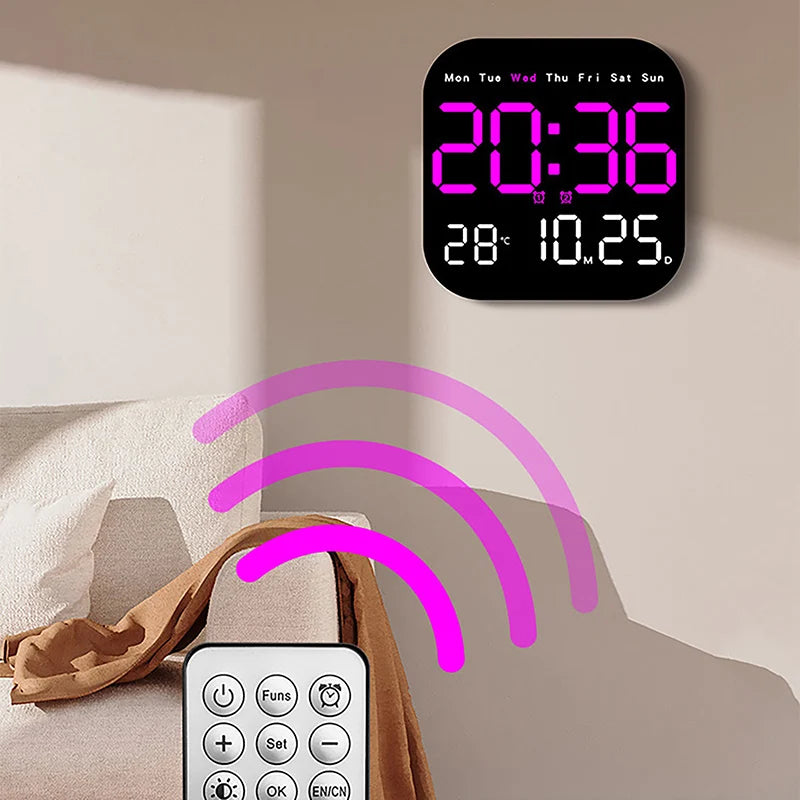 LED Remote Control Digital Wall Clock- Time, Temperature, Week and Date