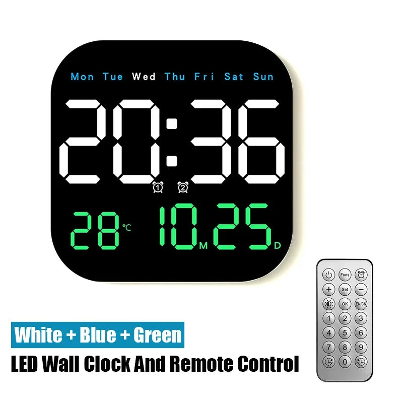 LED Remote Control Digital Wall Clock- Time, Temperature, Week and Date