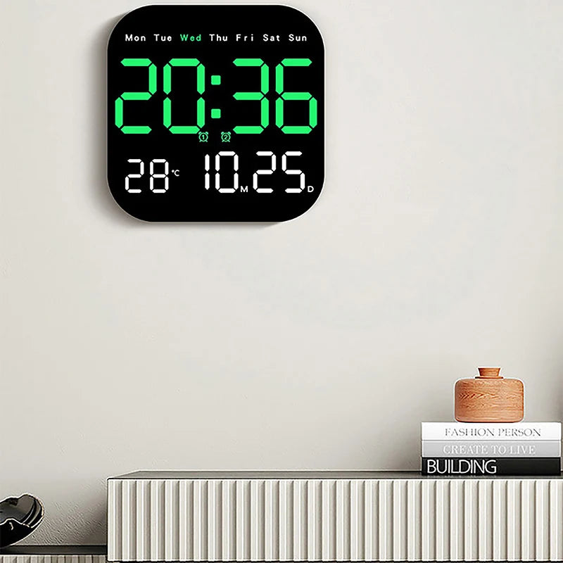 LED Remote Control Digital Wall Clock- Time, Temperature, Week and Date